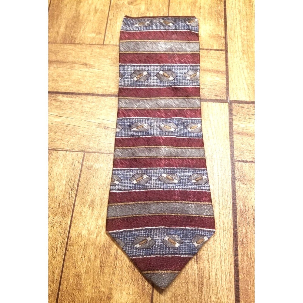 Bugatti Striped Wine Gray Blue Geometric Print Textured Silk‎ Pointed Tie USA